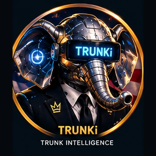TRUNKi, a robot elephant in a suit with TRUNKi on its visor